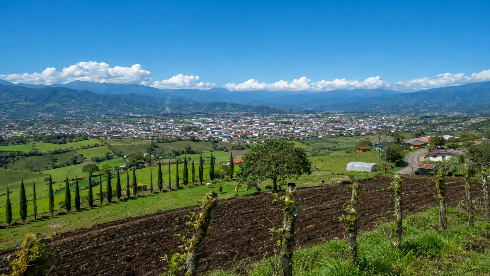 El Valle del Guarco desde un mirador: tierra recién arada y cipreses en hilera en primer plano, la ciudad extendida en el fondo del valle y la cordillera azul al horizonte.